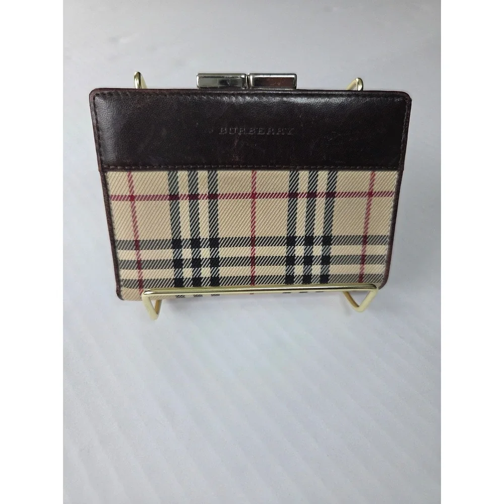 Burberry Nova Check Canvas Leather Bifold Wallet Brown Kiss Lock Coin Pouch